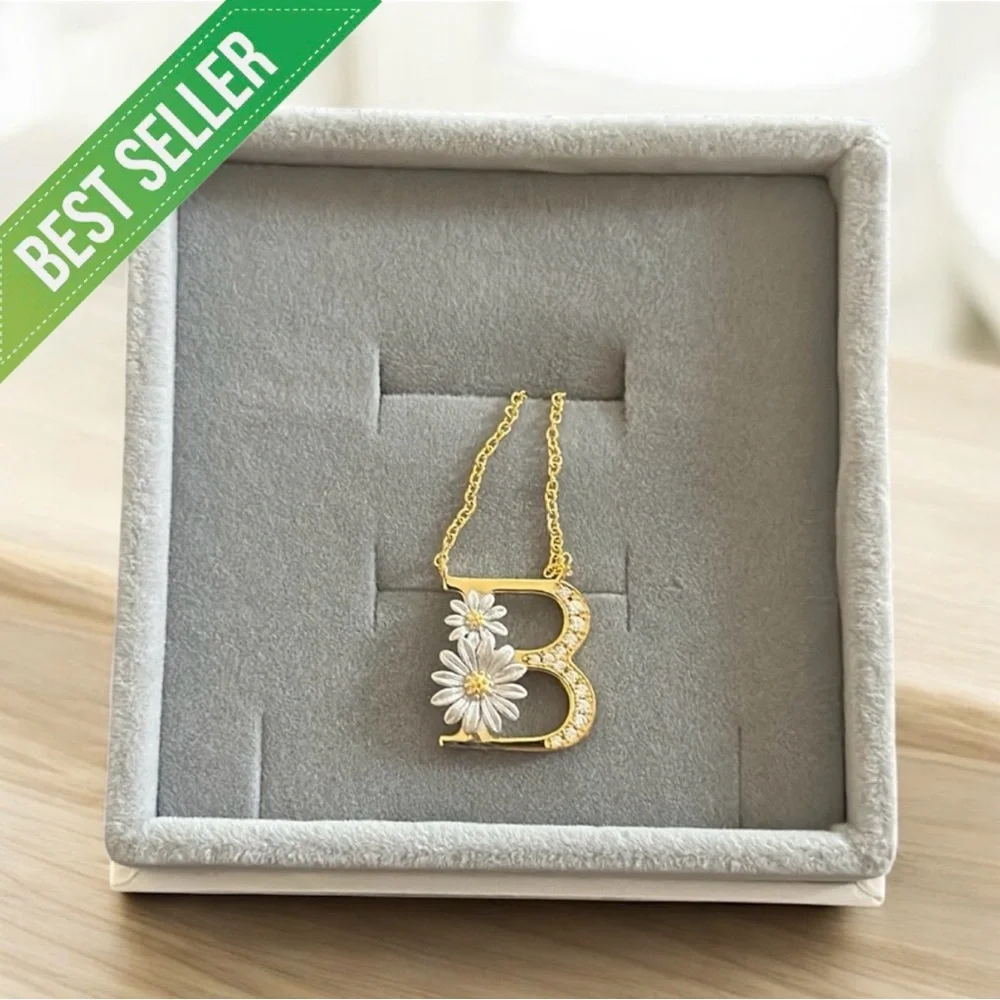 Gold Initial Necklace with Daisies – 14K Gold Plated Sterling Silver Letter “B”